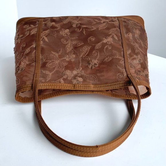Vintage vegan boho cognac brown mesh embroidered top handle satchel bag - Picture 7 of 7